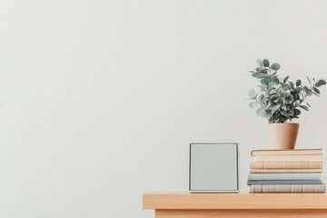 Poster - Minimalist Home Study Setup with Tablet and Potted Plant on Wooden Desk