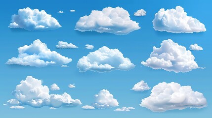 Wall Mural - A collection of fluffy white clouds against a clear blue sky, ideal for graphic design and backgrounds.