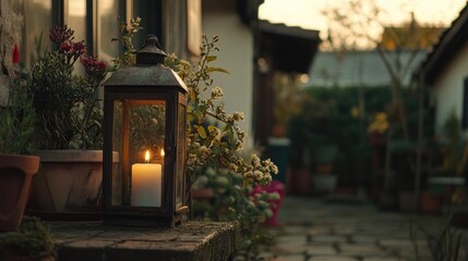 Aufkleber - Lantern Candlelight Illuminates Garden Plants At Dusk