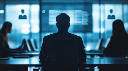 Poster - A silhouette of a person sitting at a table, facing a screen displaying user icons and text, with others working nearby in a modern office setting.