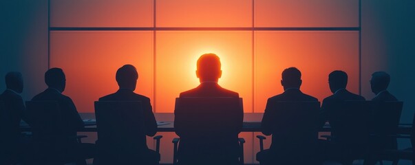 Poster - A group of silhouetted individuals sit around a conference table, gazing at a stunning sunset through a large window.