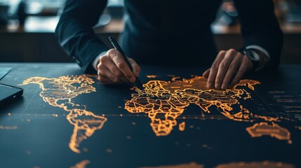 Poster - A person is marking a world map with orange lines, emphasizing regions, while using a pen in a dimly lit environment.