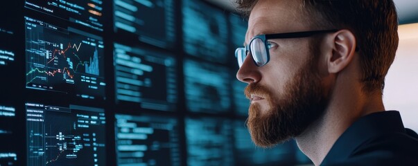 Poster - A focused individual examines digital data on multiple screens, embodying the essence of technology and analytics.