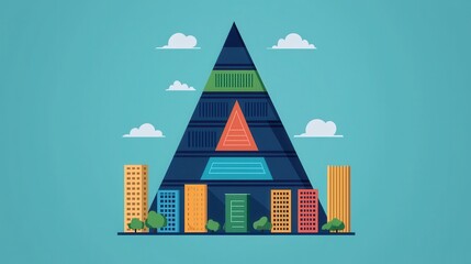 Poster - A colorful geometric design featuring a pyramid structure with various buildings at the base against a light blue background.