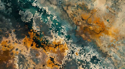  Abstract Gold Teal and Grey Ink Painting
