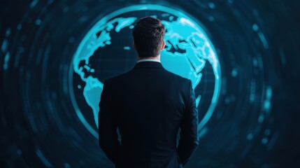 Poster - A professional man gazes at a glowing digital globe, symbolizing global connectivity and technological advancement.