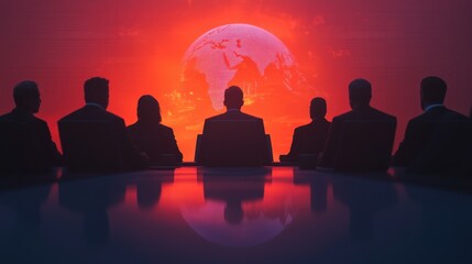 Poster - A group of silhouettes in business attire watching a glowing red globe on a screen, suggesting a high-stakes meeting or strategic discussion.