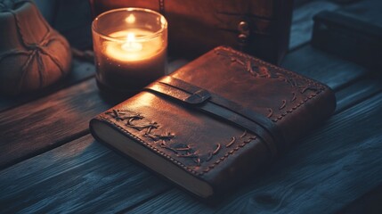 Aufkleber - Leather Bound Journal Candlelight Wooden Table