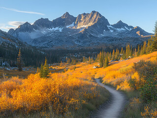 Wall Mural - Majestic mountain range with autumnal foliage and a winding trail.