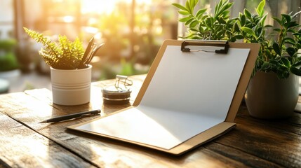 Poster - Blank Clipboard with Pen and Plants on Wooden Table