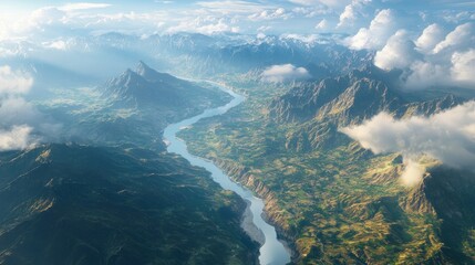 Sticker - Stunning aerial perspective of majestic rugged mountains accompanied by wild rivers and fluffy clouds in the sky, offering a breathtaking scene with ample copy space.