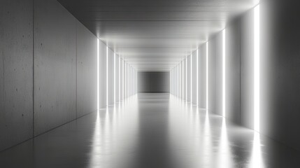 Wall Mural - Abstract minimalistic hallway design with glowing lines creates a futuristic atmosphere. The hallway, lined with illuminated accents, offers a striking visual appeal with ample copy space.