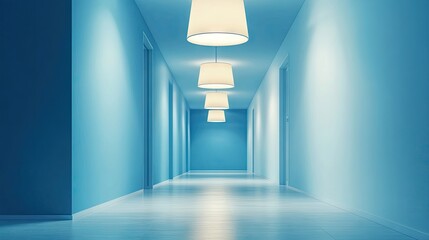 Wall Mural - Bright and airy modern blue interior background in a well-lit corridor, illuminated by glowing lamps, creating a serene atmosphere perfect for minimalistic design. Photo offers ample copy space.