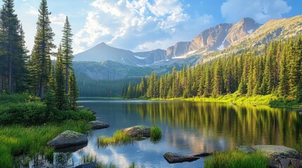 Sticker - Scenic mountain landscape with a tranquil lake, surrounded by pine trees and a clear sky. This nature photography captures the beauty of the mountains, offering peaceful ambiance and ample copy space.