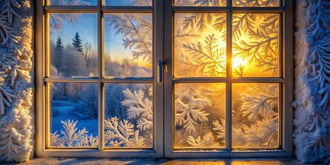 Wall Mural - Frosted Window Pane at Sunrise in Winter Landscape