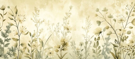 Wall Mural - Soft pastel green and beige wildflowers on a light yellow background.