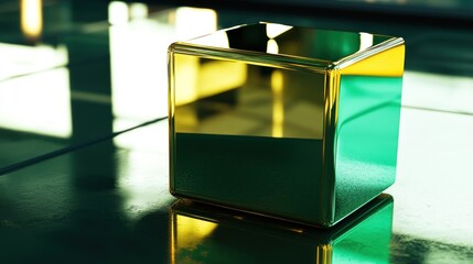 Poster - Golden Green Cube Reflecting Light On Dark Surface