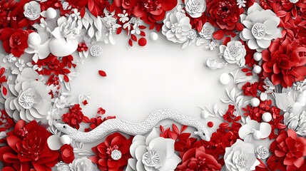 Poster - A vibrant floral arrangement in red and white, featuring intricate flowers and a decorative snake, creating a striking visual frame for text