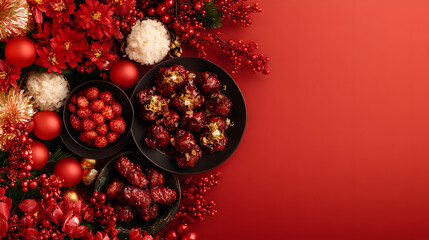 Poster - A vibrant arrangement of red holiday decorations, featuring ornaments, flowers, and textured elements on a warm red background