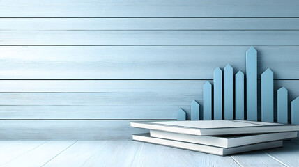 Poster - A minimalist scene featuring stacked books and a rising bar graph against a light blue wooden backdrop