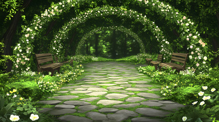 Poster - A serene garden path lined with lush greenery and blooming flowers, featuring inviting benches under arching foliage