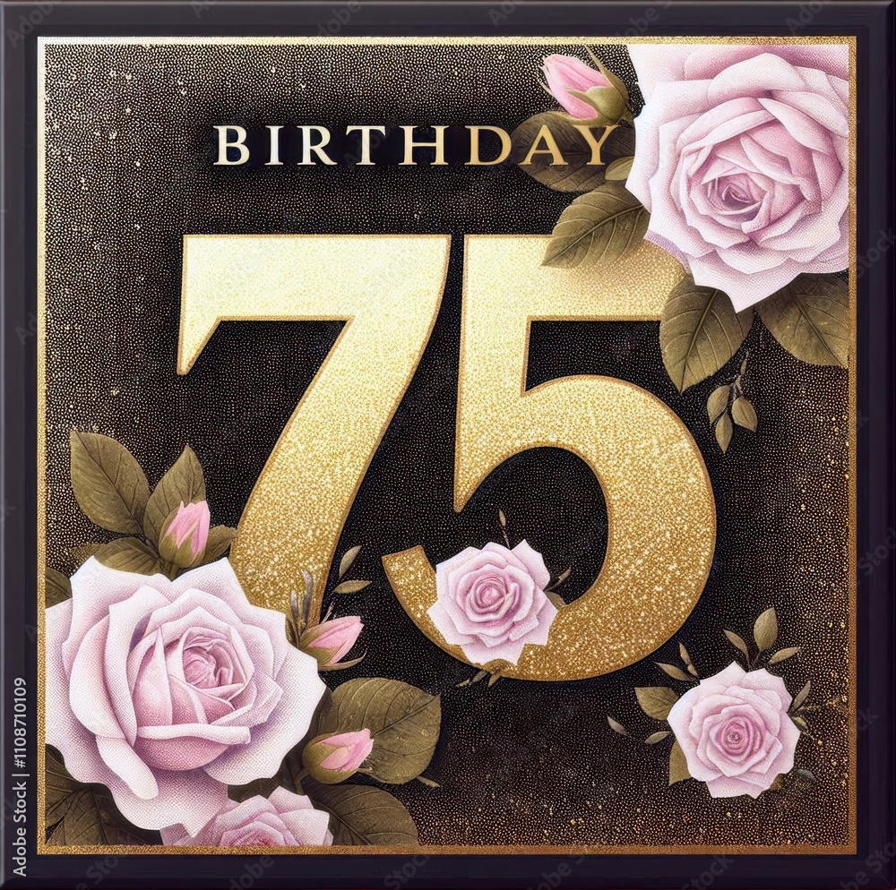 Elegant 75th birthday card design featuring pink roses and golden ...