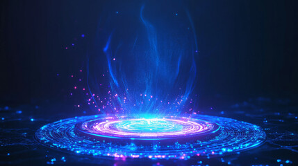 Poster - Futuristic 3D illustration with glowing blue tech portal emitting holographic light. Podium with vibrant lighting effect for sci-fi or technology design. Abstract fantasy cyberpunk teleport platform.