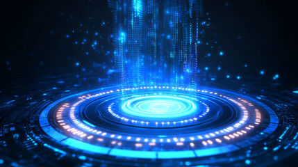 Poster - Futuristic 3D illustration with glowing blue tech portal emitting holographic light. Podium with vibrant lighting effect for sci-fi or technology design. Abstract fantasy cyberpunk teleport platform.