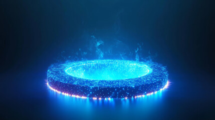 Poster - Futuristic 3D illustration with glowing blue tech portal emitting holographic light. Podium with vibrant lighting effect for sci-fi or technology design. Abstract fantasy cyberpunk teleport platform.