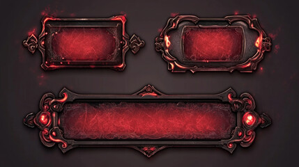 Poster - red ui button frame for fantasy game banner vector. medieval title bar element set. play interface w