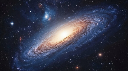 Wall Mural - Blue nebula, spiral galaxy with glowing planets and stars. Space twisted andromeda system with white hole and milky way, deep cosmos with interstellar dust, abstract realistic vector on transparent