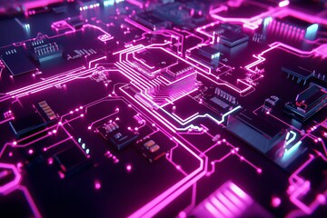 Poster - A circuit board design with pulsing neon lights running through its pathways.