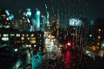 Poster - A close-up of raindrops on a window, with a blurred city skyline glowing in the distance.