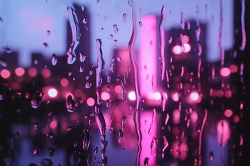Poster - A close-up of raindrops on a window, with a blurred city skyline glowing in the distance.