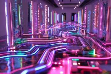 Poster - A circuit board design with pulsing neon lights running through its pathways.