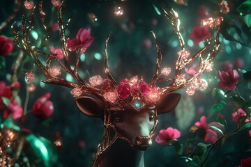 Poster - A deer with an ornate crown of antlers, adorned with blooming flowers and glowing gemstones.