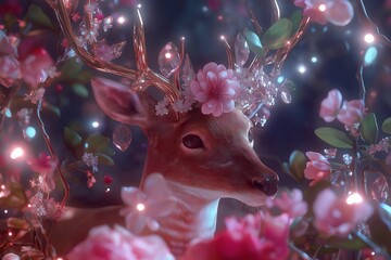 Poster - A deer with an ornate crown of antlers, adorned with blooming flowers and glowing gemstones.