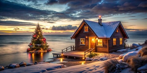 Wall Mural - Cozy Winter Cabin by the Water at Christmas Time