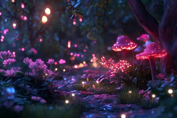 Poster - A fairy-tale forest with glowing mushrooms, colorful flowers, and tiny sparkling lights