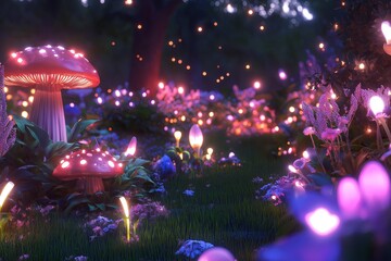 Poster - A fairy-tale forest with glowing mushrooms, colorful flowers, and tiny sparkling lights