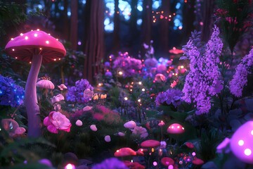 Poster - A fairy-tale forest with glowing mushrooms, colorful flowers, and tiny sparkling lights