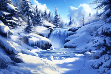 Wall Mural - A frozen waterfall glowing under the soft light of the northern lights in a winter landscape