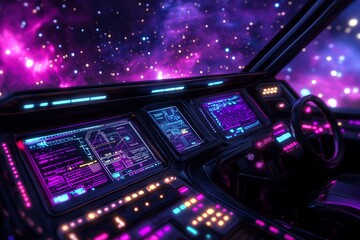 Poster - A futuristic spaceship cockpit with glowing controls overlooking a colorful nebula.