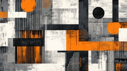 Wall Mural - Abstract hand-drawn pixel art with geometric shapes and textured lines, using shades of grey and orange