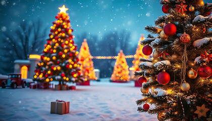 Aufkleber - Christmas background. Xmas tree with snow decorated with garland lights, holiday festive background. Widescreen frame backdrop. New year Winter art design, Christmas scene wide screen holiday border