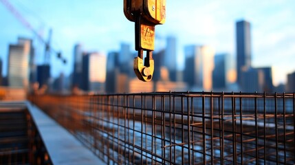 Poster - Construction Crane Hook Over Rebar Grid Cityscape Background
