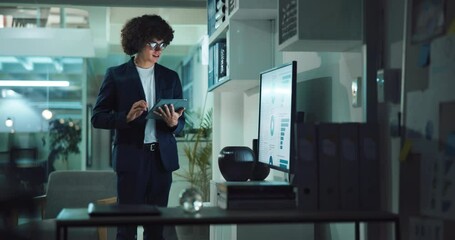 Aufkleber - Graph, office and business man on tablet for statistics, financial report and data analysis at night. Corporate, company analyst and person on digital tech with chart for review, research and info