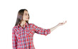 © peshkova - Woman wearing a red plaid shirt, extending her arm and presenting with an open hand. Isolated on white background. Concept of presentation or display
