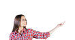 © peshkova - Woman in red plaid shirt extending arm and gesturing upwards, isolated on white background, concept of presenting or showing something