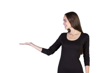 Poster - Smiling woman in atop presenting with her open palm extended outward, isolated on a clean white background. Concept of presentation or advertisement